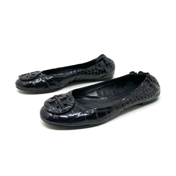 Tory Burch Reva Ballet Flats Black Patent Croc Print Leather Size 7 - Picture 1 of 7